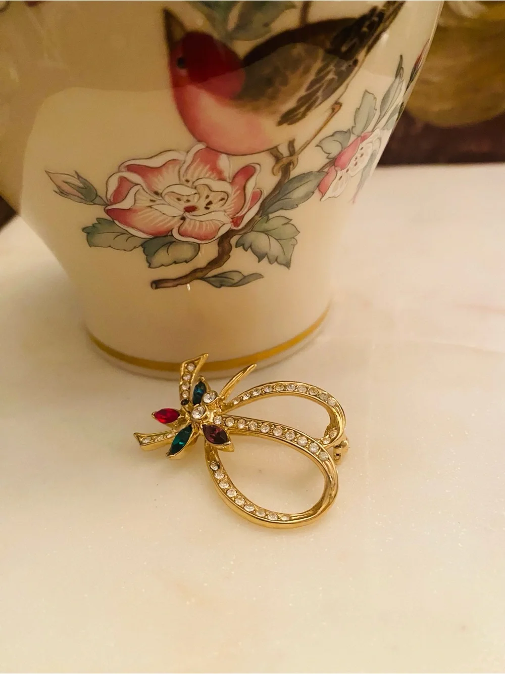 Gold-Tone Crystal Ribbon Brooch with Multi-Colored Gem Accents (Like New)